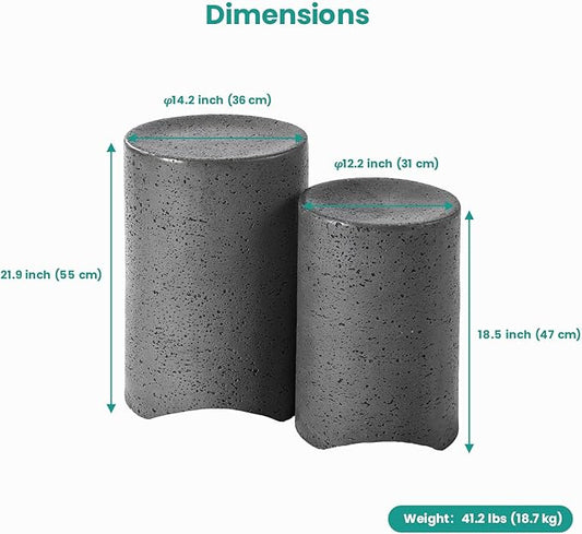 SUNBURY Concrete Side Table Set of 2, Outdoor Side Table Nesting for Patio, Outdoor Accent End Patio in Spotted, Ceramic Garden Stool for Yard, Pool, Round, Dark Grey
