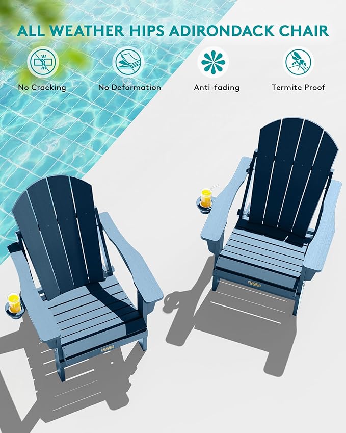 SERWALL Folding Adirondack Chair Outdoor Adirondack Chairs with Cup Holder, Weather Resistant Fire Pit Chairs for Patio - Blue
