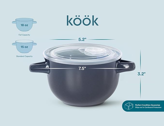 KooK French Onion Soup Bowls, Crocks, Oven Safe Bowls, Soup Mugs, Ceramic Bowls, Dishwasher, Microwave, Set of 4, 18 oz (Denim)