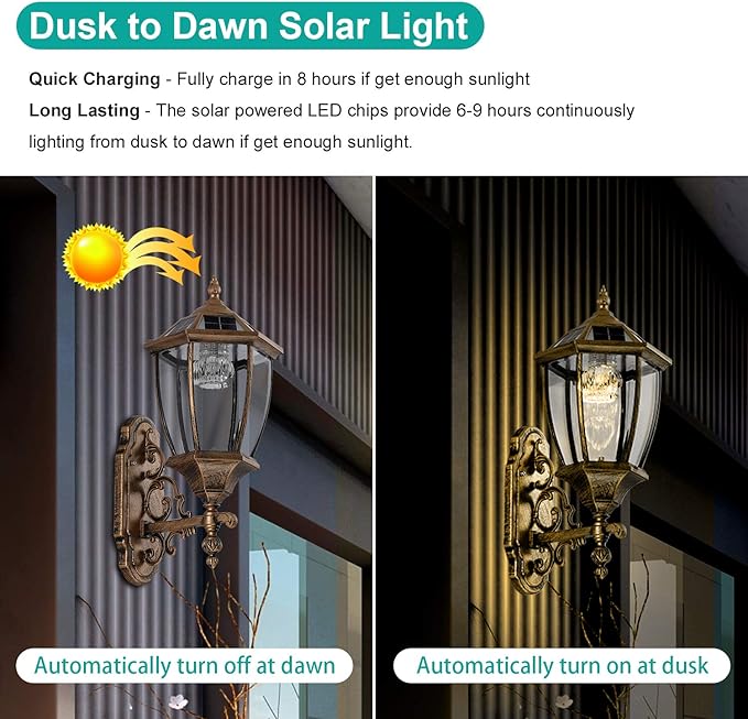 Solar Wall Lamp with Light Sensor, Waterproof Outdoor Led Hexagonal Light Fixture for Garage, Front Porch, Fence, Yard, Bronze