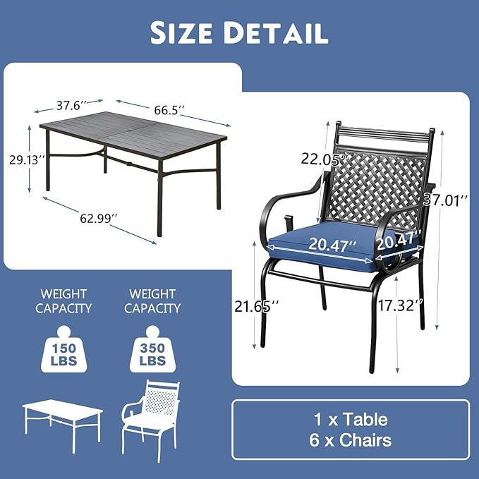 MELLCOM Patio Dining Chairs Set of 6, Heavy Duty Outdoor Dining Chairs with Armrests and Cushions, Iron Metal Patio Chairs for Outside, Garden Lawn & Porch, Backyard, Blue