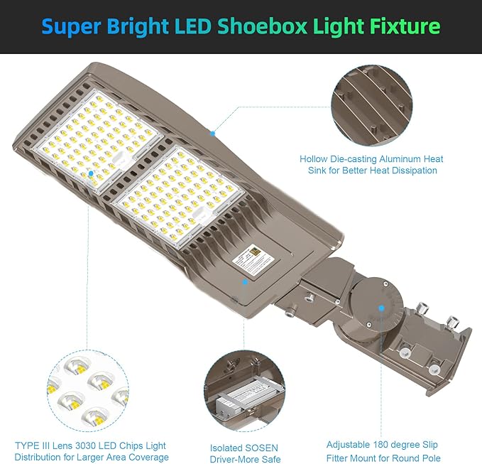 LED Parking Lot Light with Slip Fitter UL DLC Listed, 5000K Shoebox Pole Light AC100-277V, IP65 Waterproof Commercial Street Area Lighting for Driveway/Roadway/Yard(400W, 56000LM)