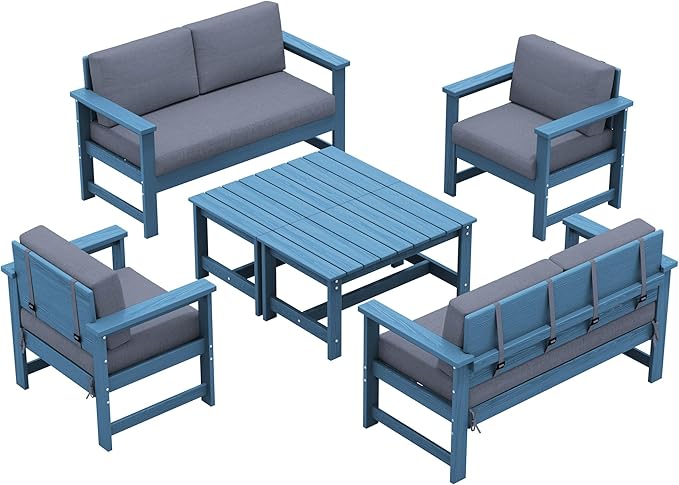 SERWALL 6 Pieces HDPE Outdoor Conversation Sofa Set with Cushions, All Weather Couch Loveseat Furniture with Coffee Table and Cushion, Outdoor Social Sofa Set, Blue Frame with Grey Cushions