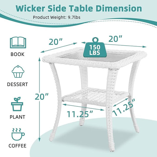 MEETWARM Wicker Outdoor Side Table, All-Weather Patio Rattan Side Table with Tempered Glass Top and Storage Shelf, Small Patio End Table for Outside Indoor Outdoor Balcony Porch Deck, White