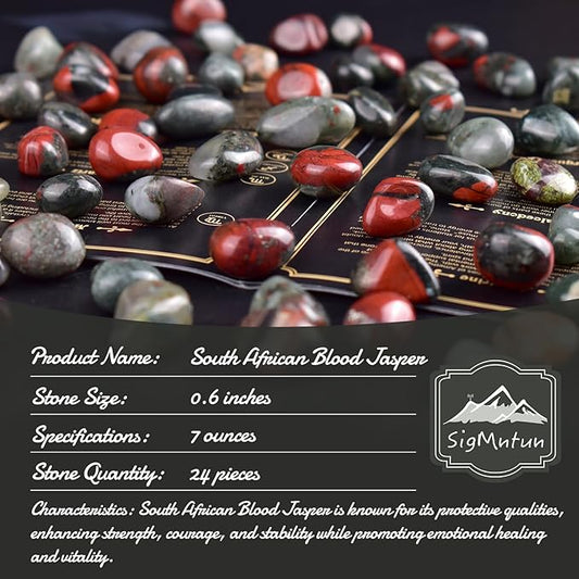 South African Blood Jasper Healing Crystal Stone Set - 24 Pieces, 0.6" Natural & Polished Stones for Healing, Meditation, Reiki, Chakra, Crafting & Decoration