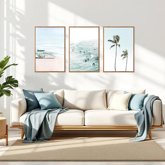 CHDITB Coastal Framed Canvas Wall Art, Beach Surfing Posters, Neutral Palm Tree Ocean Decor, Summer Vacation Artwork Tropical Seaside Painting for Home Living Room Coastal Bedroom 24"x36"x3