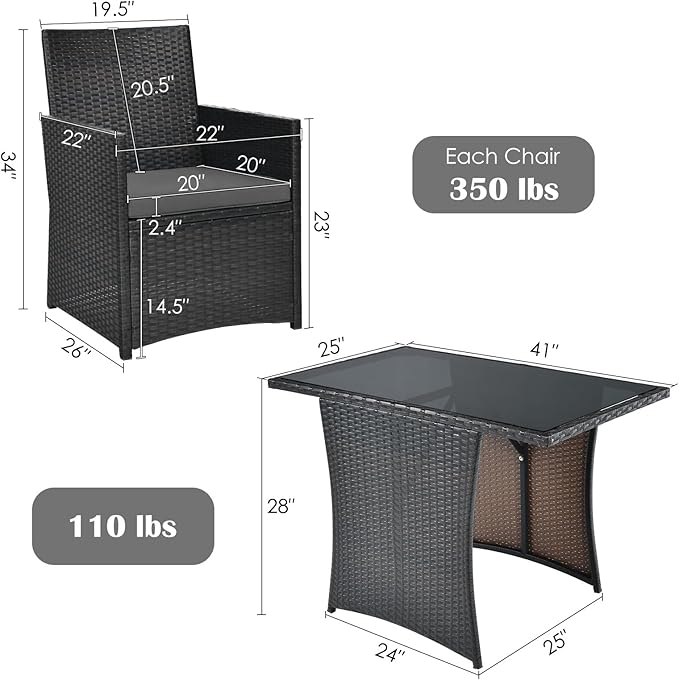 HAPPYGRILL 3 Piece Outdoor Wicker Bistro Set PE Rattan Dining Table Set with Cushioned Chairs, Patio Conversation Set for Backyard Porch Garden and Poolside