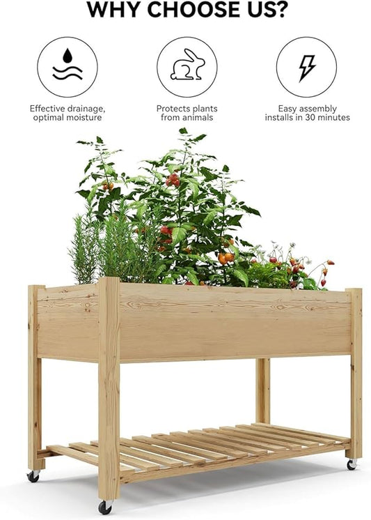 GarveeHome Raised Garden Bed 48x24x32 in Mobile Elevated Wood Planter Raised Beds w/Lockable Wheels, Storage Shelf, and Protective Liner for Indoor/Outdoor Gardening,Natural