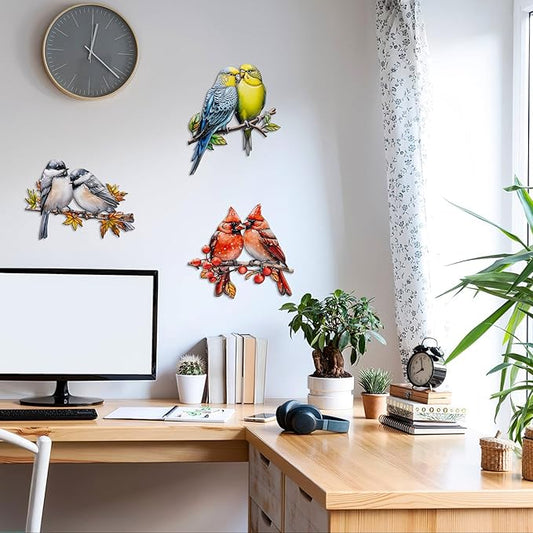 YOADEHOA 3Pcs Metal Wall Art Decor Birds on Branch, 3D Colorful Bird Outdoor Hanging Wall Art Patio Fence Decorations, Hummingbird Wall Sculptures for Indoor Outdoor Garden Garden (Birds B)