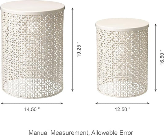Glitzhome Outdoor Side Table Set of 2, Decorative Garden Stool for Indoor Outdoor Heavy Duty Metal Frame Accent Table Modern End Table, Cream White