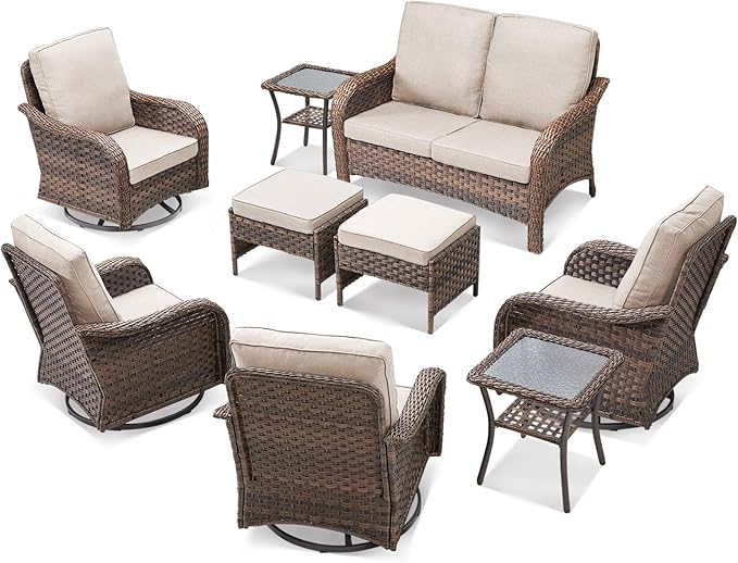 Outdoor Patio Furniture Set, 9 Pieces Outdoor Wicker Sofa with Swivel Patio Chairs, Glass Side Table, Ottomans, All Weather High Back Rattan Loveseat Couch with Comfy Cushions, Brown/Beige