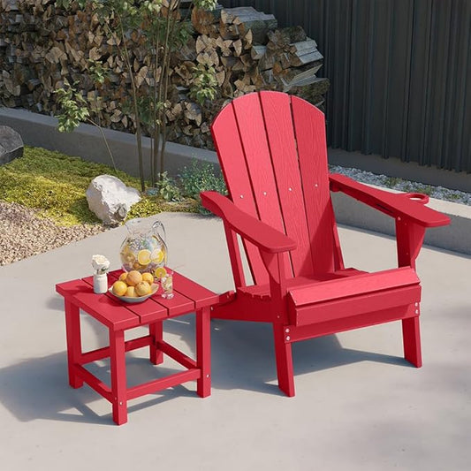 Folding Adirondack Chair with Cup Holders Set of 2, HDPE Plastic Outdoor Chairs, Weather Resistant, Real Wood Look for Patio, Deck, Fire Pit, Backyard, Red