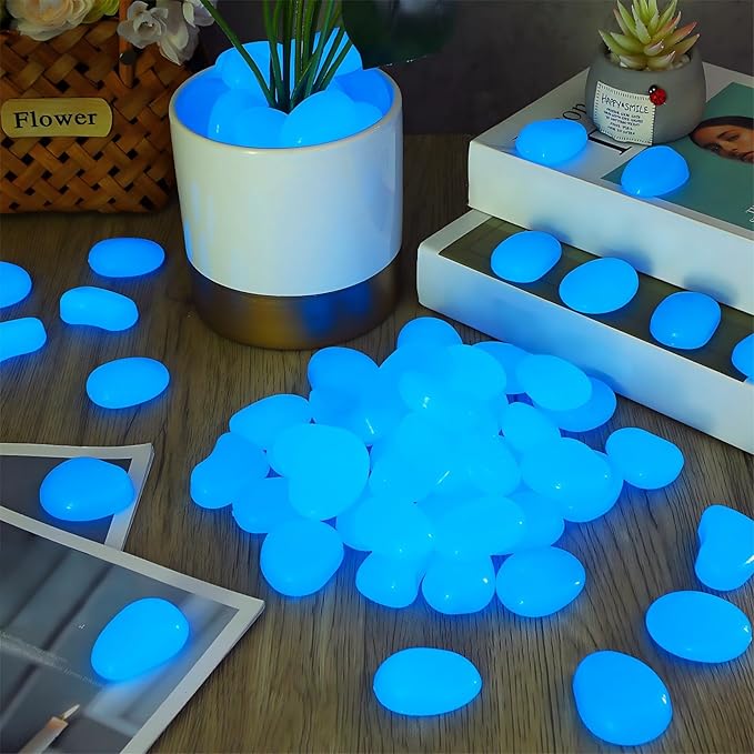 Landical 100 Pcs Large Glow in The Dark Rocks Pebbles Outdoor Fish Tank Rocks Aquarium Gravel Luminous Stones for Walkway Succulent Plant Halloween Decor (Dark Blue,1.8 Inch)