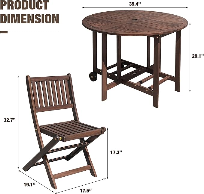 Devoko 5 PCS Patio Furniture, Patio Dining Set Acacia Wood Outdoor Table and Chairs, with 4 Folding Chairs and 37" Round Movable Table, Outdoor Dining Set for Lawn, Balcony, Garden (Deep Brown)