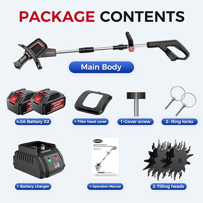 Upgraded Cordless Electric Tiller for Gardening, Total 8.0Ah Battery Powered Mini Cultivator with 2Ă4.0AH Batteries, 9" Width, 6.6" Depth, 48 Steel Tines Rototiller for Soil Cultivation