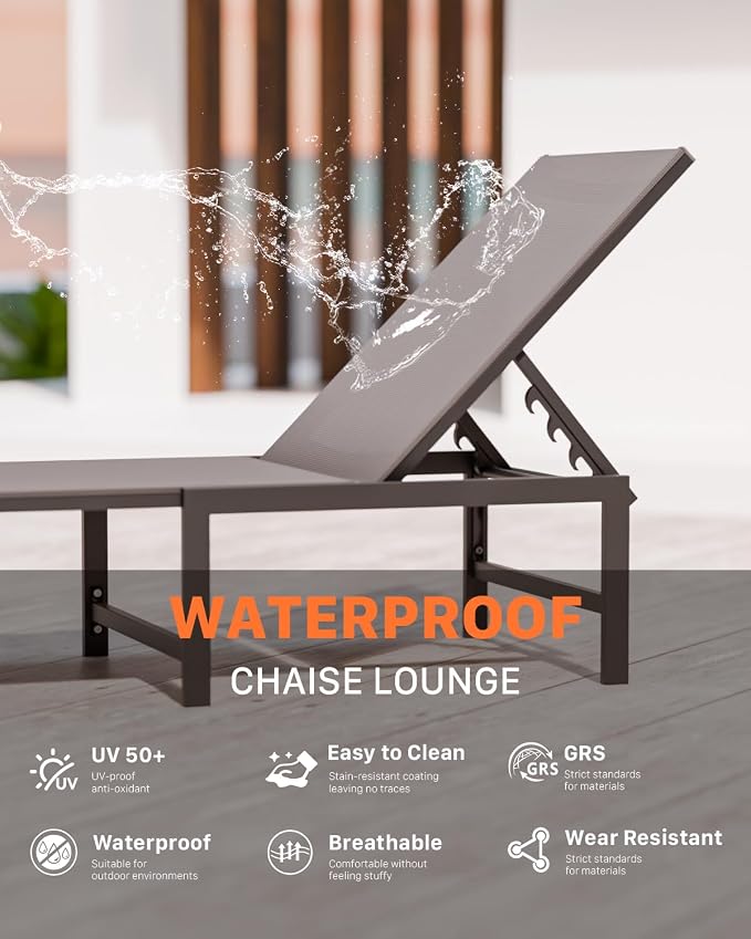 Patio Lounge Chair, Aluminum, 5 Adjustable Backrest, 2 Piece,Gray | Lightweight rustproof aluminum.5 adjustable backrest positions.Breathable quick-dry fabric.For poolside,beach,lawn,backyard.
