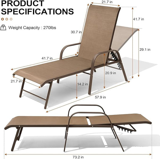 Crestlive Products Chaise Lounge Chair Outdoor with Armrests, Pool Lounge Chairs Set of 4, Aluminum Adjustable 5 Positions Sun Tanning Lounger for Patio, Poolside, Yard, Deck, Backyard (Brown)