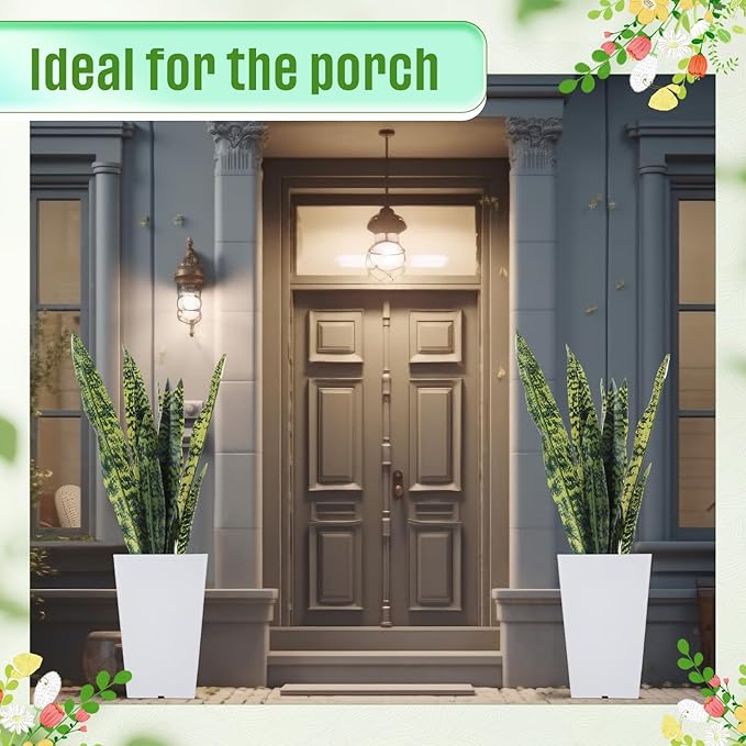 Briwooody Set of 2 15.75 Inch Large Taper Planters Outdoor Indoor Tall Resin Flower Pots with Drainage Holes Modern for Front Door Patio Backyard Plants(White)