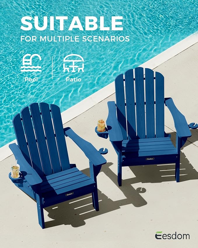 Folding Adirondack Chairs Set of 2,All-Weather HDPE Fire Pit Chair with 2 Cup Holders, Plastic Outdoor Chair for Patio Deck Garden Lawn, NavyBlue