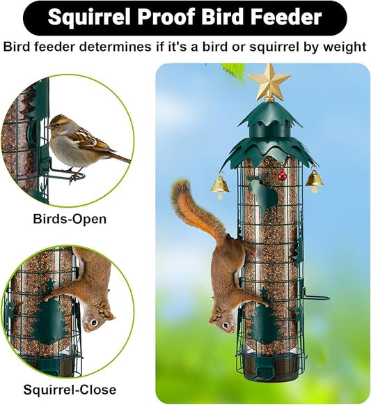 Squirrel Proof Bird Feeders for Outdoors Anti Squirrel Buster Hanging Metal Mesh Wild Bird Seed Feeder with Weight-Activated Perches, 4 Feeding Ports, 2.5LB Capacity, Green