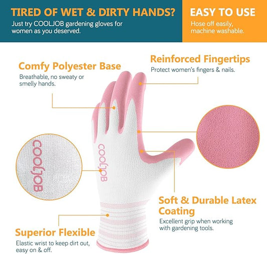 COOLJOB 6 Pairs Gardening Gloves for Women Ladies, Breathable Rubber Coated for Yard Garden, Outdoor Indoor Protective Work with Grip, Small Size, Blue & Pink