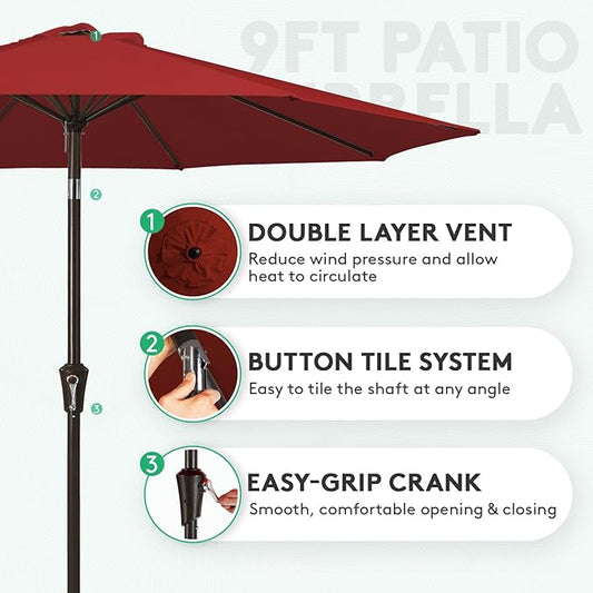 JEAREY 9FT Outdoor Patio Umbrella Outdoor Table Umbrella with Push Button Tilt and Crank, Market Umbrella 8 Sturdy Ribs UV Protection Waterproof for Garden, Deck, Backyard, Pool (Cherry Red)
