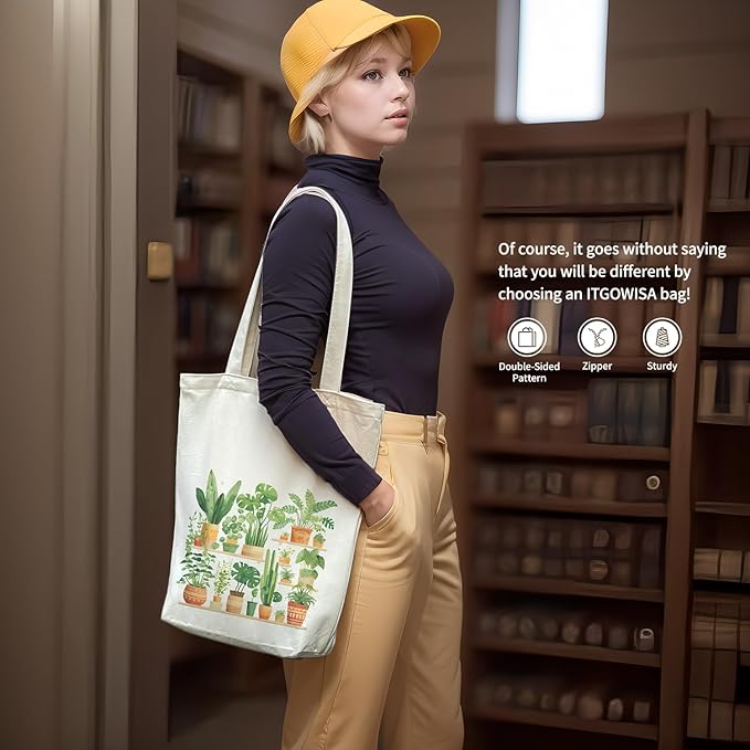 itgowisa Canvas Tote Bag for Women, Tote Bag with Zipper Inner Pocket, Zippered Canvas Bag for Shopping Work Grocery Everyday
