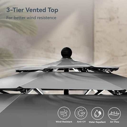 PHI VILLA 10ft Outdoor Patio Umbrellas for Outside, 3 Tier Vented Market Table Umbrella Windproof for Backyard, Deck, Garden, 1.5" Pole, Grey(No Base)