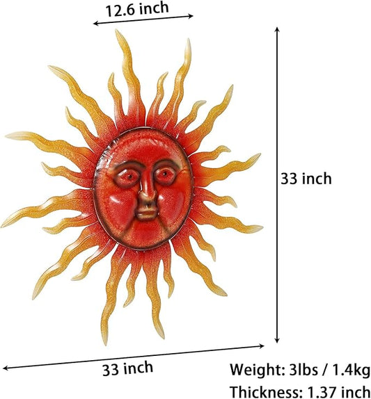 TICKCACY 33" Metal Sun Wall Art Decor, Large Sun Face Wall Art Decoration for Indoor Outdoor, Metal Wall Hanging for Living Room Bedroom Farmhouse Yard Fence Patio Garden