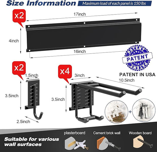 Sttoraboks Garage Tool Storage Rack, Heavy Duty Garage Storage Organizer Rack System Wall Mounted Tool with 6 double hooks, 2 rails, Garden Yard Tools Hanger Rack for Ski Gears, Broom, Rake,Shovel