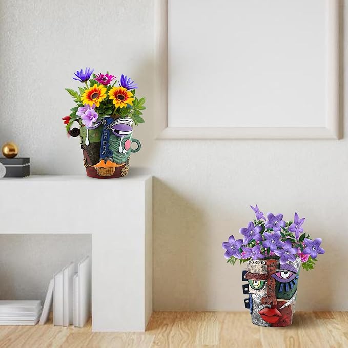 Brutalist Abstract Face Planters Pots, Unique Abstract Flower Pot Head Planter Pot Ornaments Resin Picasso Flowerpot with Drainage Hole for Indoor and Outdoor Plants Home Decor (Frown)