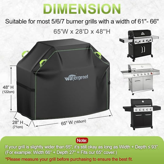 Grill Cover, 65 inch BBQ Grill Cover for Outdoor Grill, 420D Waterproof Fabric, UV & Fade Resistant, All-Weather Barbecue Gas Grill Cover with Handles, Straps & Adjustable Drawstring