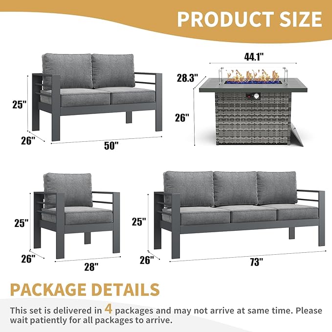 LayinSun Aluminum Furniture Set with Fire Pit Table, 5 Pieces Patio Sectional Conversation Chat Sofa Modern Seating Set