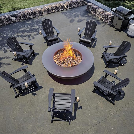 Folding Adirondack Chair with Cup Holders, HDPE Plastic Outdoor Chairs, Weather Resistant, Real Wood Look for Patio, Deck, Fire Pit, Backyard, Black