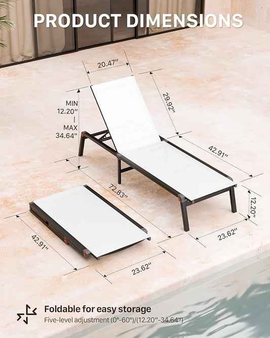 Aluminum Chaise Foldable Patio Lounge Chair Outdoor, Metal Deck Lounger Adjustable 5-Position Recliner Pool Chase Breathable Full Flat Outside Sun Tanning Chairs for Beach/Poolside/Lawn(White, 1Pack)
