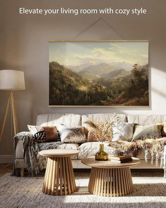 ARPEOTCY Extra Large Vintage Framed Wall Art, 36x54 Inch Mountain Mist Forest Landscape Hanging Canvas Prints Scroll Wall Art Decor for Living Room Bedroom, Retro Scenery Pictures Above of Bed