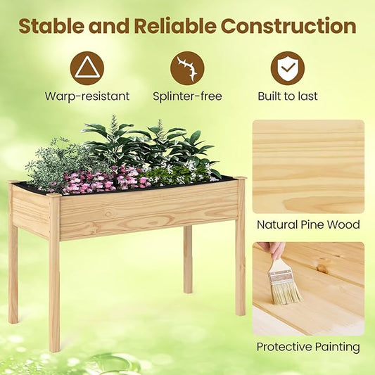 S AFSTAR Wooden Raised Garden Bed with Legs, Planter Box with Liner & Drainage Holes for Vegetable Flower Herb, Indoor Outdoor Elevated Gardening Box for Backyard Patio Balcony