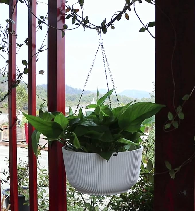 Dexceder 11.2 Inch Self Watering Hanging Planters Indoor Outdoor, Thickened Hanging Basket Flower Plant Pot (2 Pack, White)