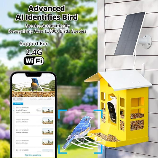 Metal AI Bird Feeder Camera w/ 32GB - Solar Powered, 2K Auto Rec & Live View, Identifies 10000+ Birds
