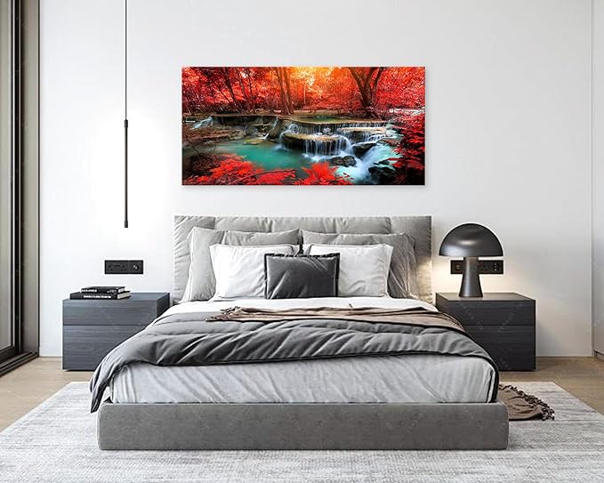 Muolunna BK03998 Wall Art Decor Canvas Print Picture Red Forest Waterfalls 1 Piece Modern Landscape Tree for Living Room Bedroom Office Home Decorations Stretched and Framed Ready to Hang