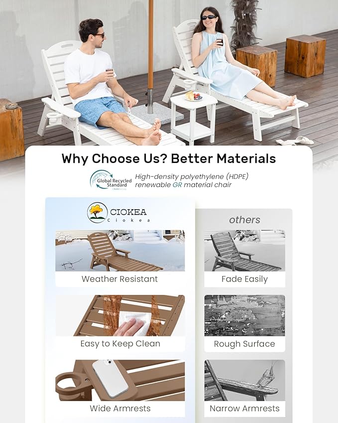 Chaise Lounge for Outdoor, Patio Lounge Chairs for Outside, Chaise Lounge Chair with 6 Positions, HDPE Lounge Chair with Cup Holder for Pool Poolside Deck Backyard Lawn, Teak