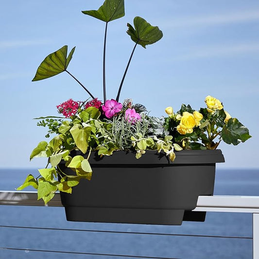 Bloem 24" Black Resin Deck Rail Round Planter, 9" H, 24" L, 12" W, Fits Rail Sizes Between 4.75" - 5.75" Wide