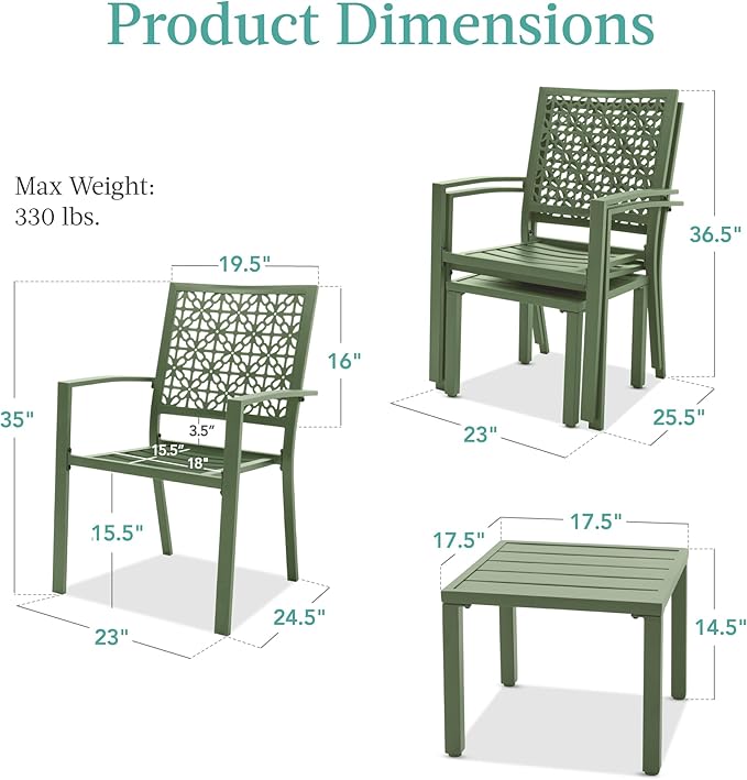 Best Choice Products 3-Piece Outdoor Bistro Set, Stackable Modern Steel Furniture for Porch, Garden w/ 2 Chairs, Table, Geometric Decor - Sage Green