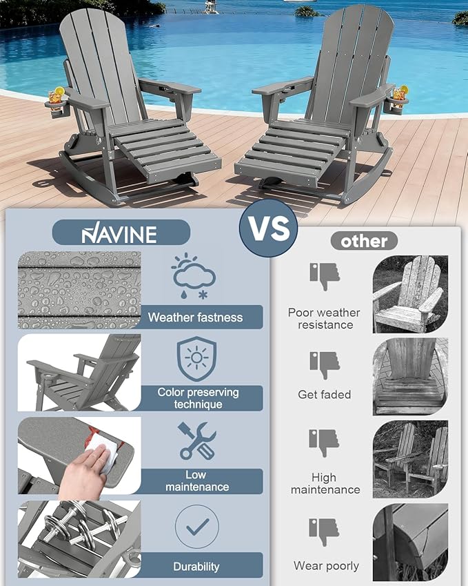 Adirondack Rocking Chairs Set of 8 with Retractable Ottoman, All Weather Folding Adirondack Chair with Two Cup Holders, Adirondack Outdoor Rocking Chairs for Porch, Patio, Balcony. White Grey