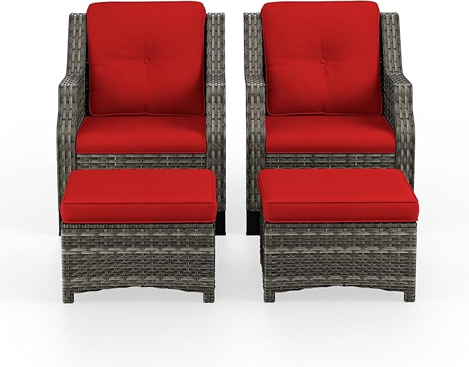 4 Piece Patio Furniture Set, 2 Chairs and 2 Ottomans PE Wicker Footstool, Outdoors Rattan Conversation Set with Deep Seating and Olefin Cushions, for Backyard, Garden, Red