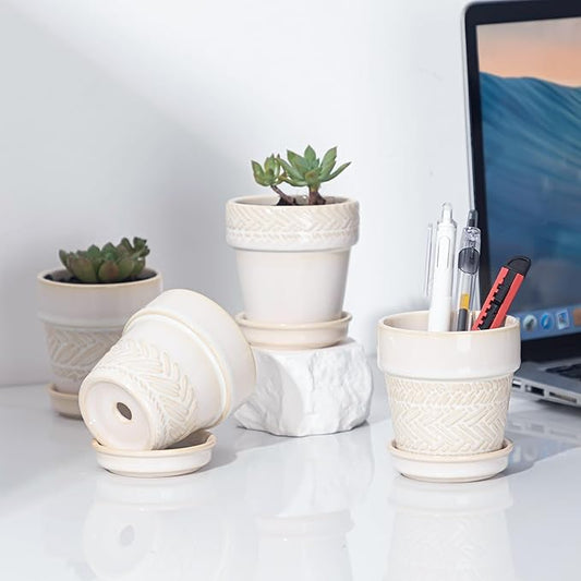 Fayoula Succulent pots,Indoor Small Succulent Bonsai,3 Inch Mini Ceramic Succulent Pots with Saucer and Drainage Hole, Decorative Planter for Succulent, Cactus, Set of 4.