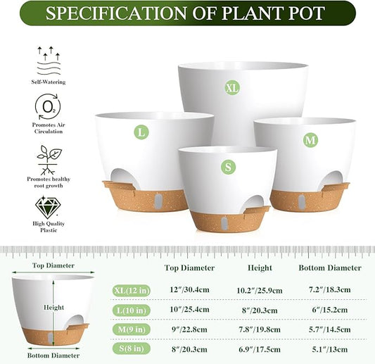Plant Pots, 4 Pack 12/10/9/8 Inch Self Watering Pots with Drainage Holes, Water Level Indicator Deep Reservoir, Large Planters for Indoor Outdoor Plants - White Brown