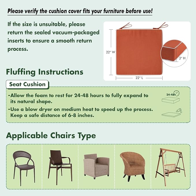 MIULEE Orange Outdoor Chair Cushions Set of 2, 22x22x3 Inch Waterproof Patio Seat Cushions for Outdoor Furniture Couch Sofa, 3 Year Color Fastness High Density Foam with Adjustable Ties