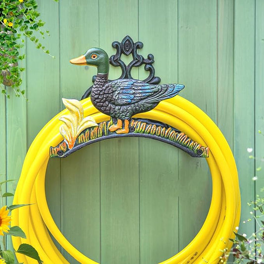 Sungmor Heavy Duty Cast Iron Garden Hose Holder | Water Hose Hanger Wall Mounted | Decorative Indoor Outdoor Hose Rack Reel | 50FT 75FT 100FT Water Hose Bulter Storage | Lovely Duck Metal Hose Stand