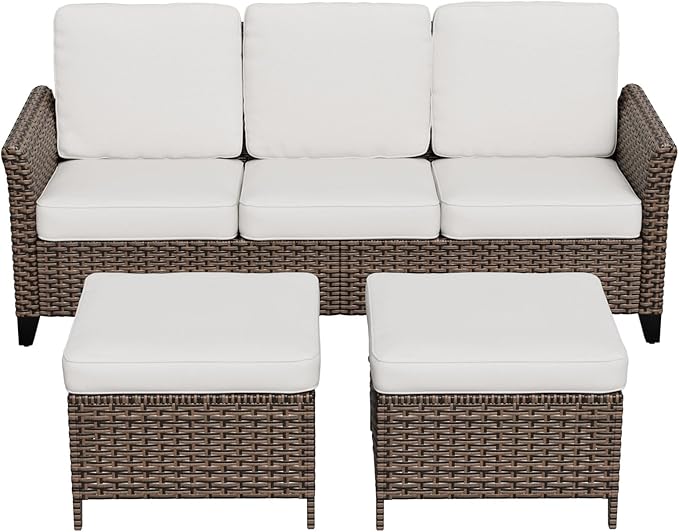 Canyon Ridge Wicker Patio Sofa with 2 Ottomans, Small Balcony Furniture, Outdoor Furniture Set, 3 Seat Couch, Brown/Beige